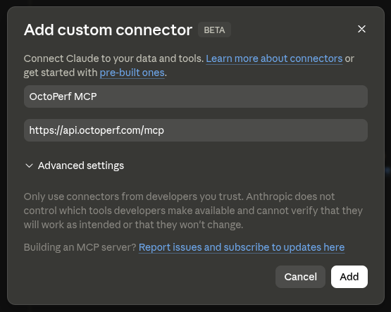 Claude.ai Add Custom Connector dialog