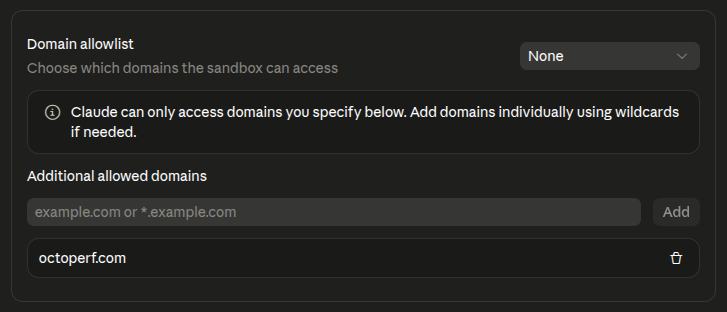 Claude.ai Domain allowlist with octoperf.com added