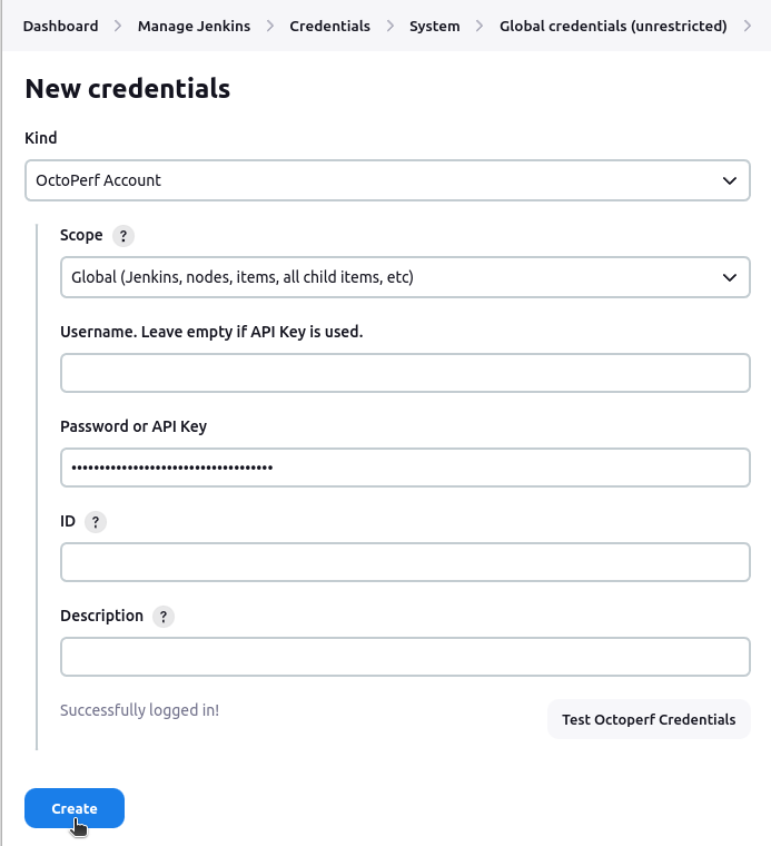 Jenkins OctoPerf credentials